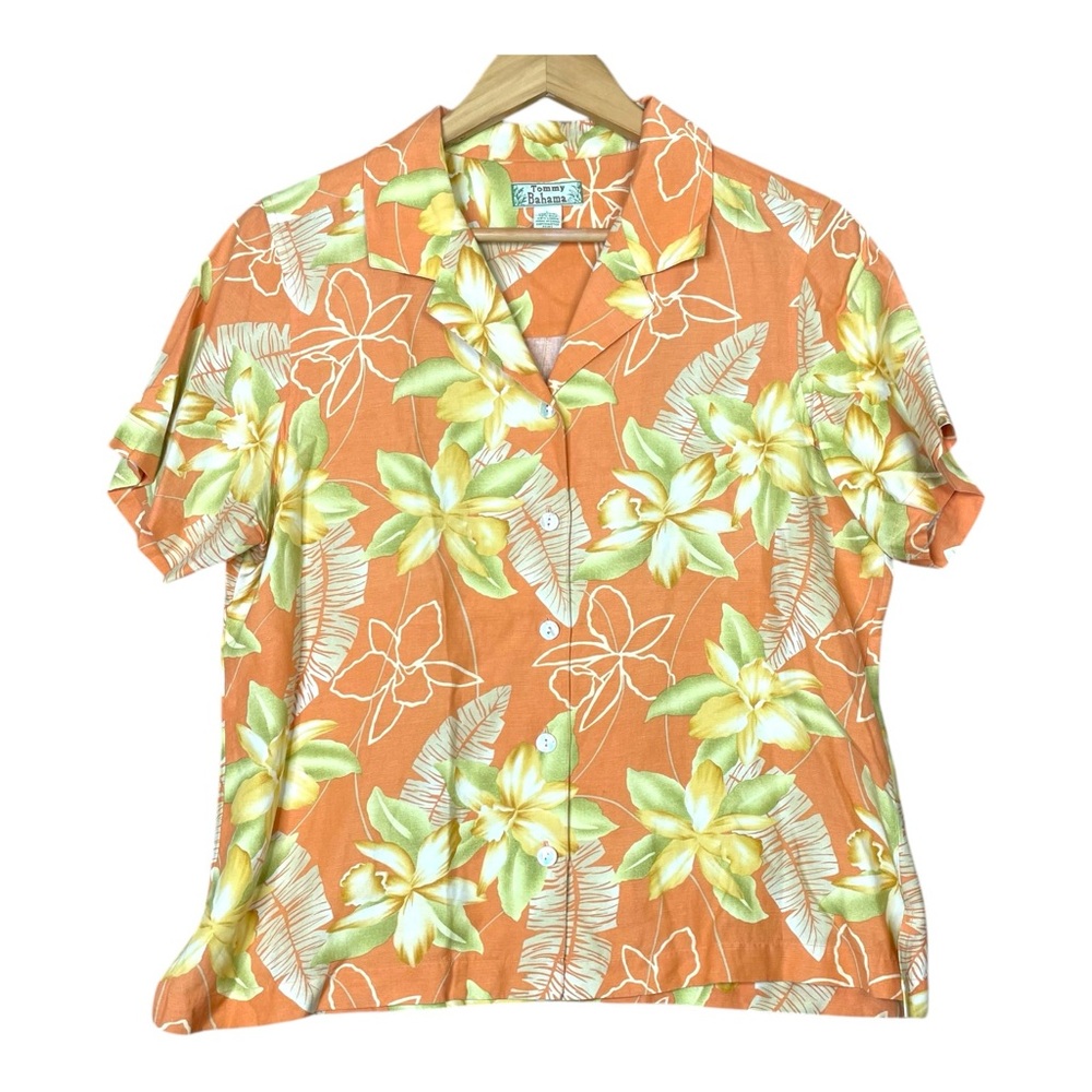 Tommy Bahama Shirt Women Orange Short Sleeve Floral Boho Hawaiian Silk Linen L